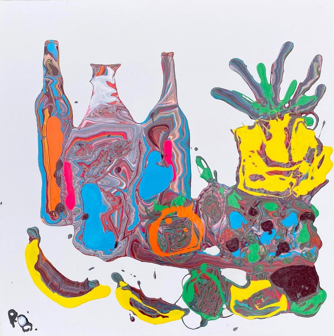 P. L. Bradbury Postmodern Still Life Painting: A colorful and playful take on the classic still life painting. Marbled colors come together to create forms of bottles, a pineapple, bananas, etc. on a 16" square professional canvas. Condition: