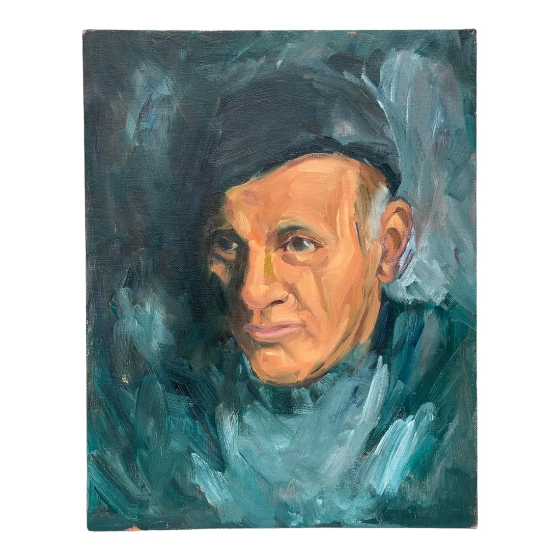 Mid 20th Century "Portrait of a Man" Acrylic Painting: Vintage acrylic on board painting of a middles aged man. Thick brush strokes in colors of green and beige. Artist signed and dated 1979. Titled "Tom" Condition: Alterations: Original Condition