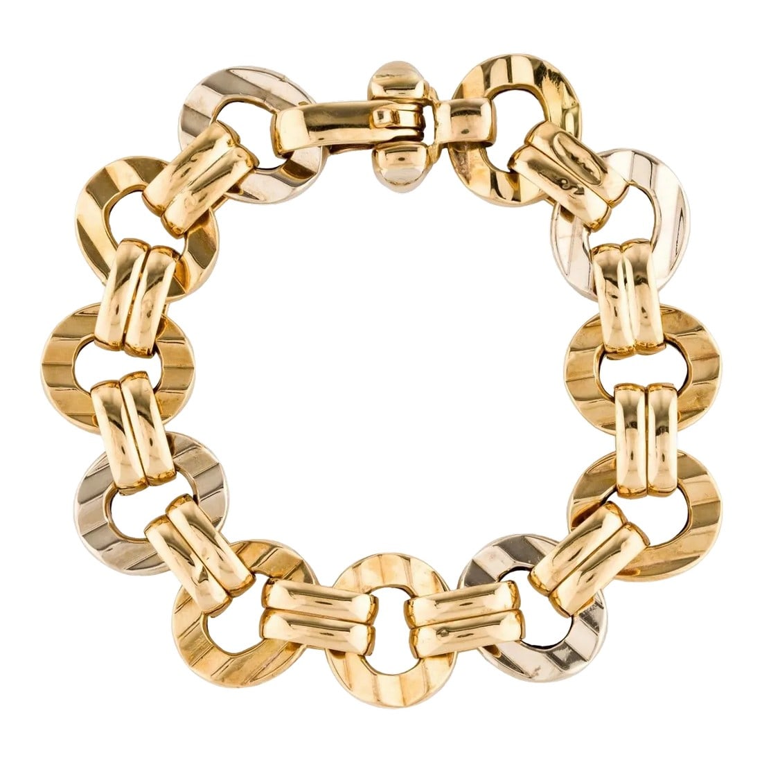 1950s 18k Italian Yellow & White Gold Textured Link Bracelet: This is part of Chairish's Fine Jewelry assortment. This golden moment from the 1950s in Italy brought to you by a gorgeous 18k Geometric Textured Yellow and White Gold Link Bracelet. Being an