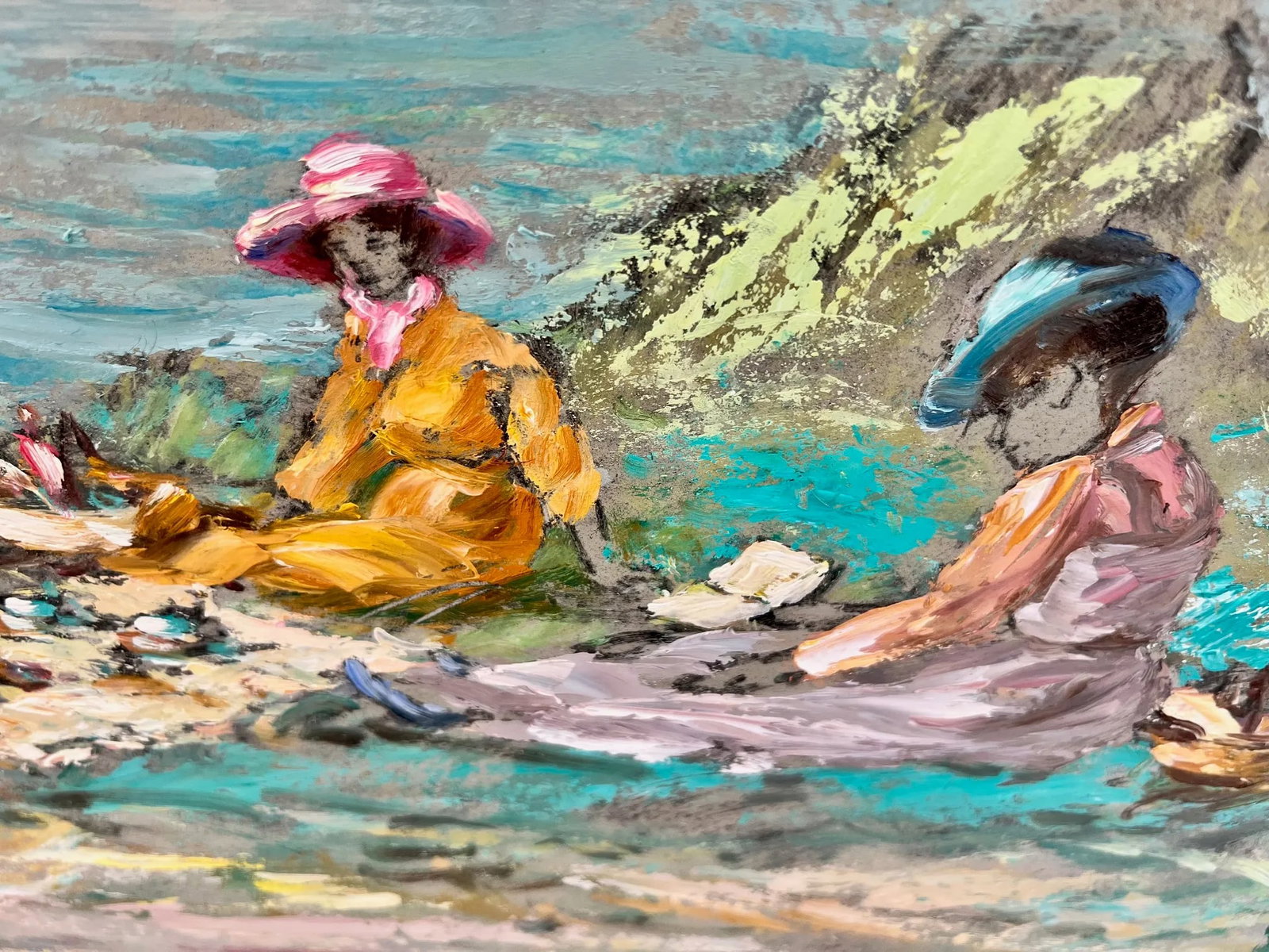 Large Mid-Century Impressionist Oil Painting "Picnic Along the Eure River in France" - by Clifford S - 2