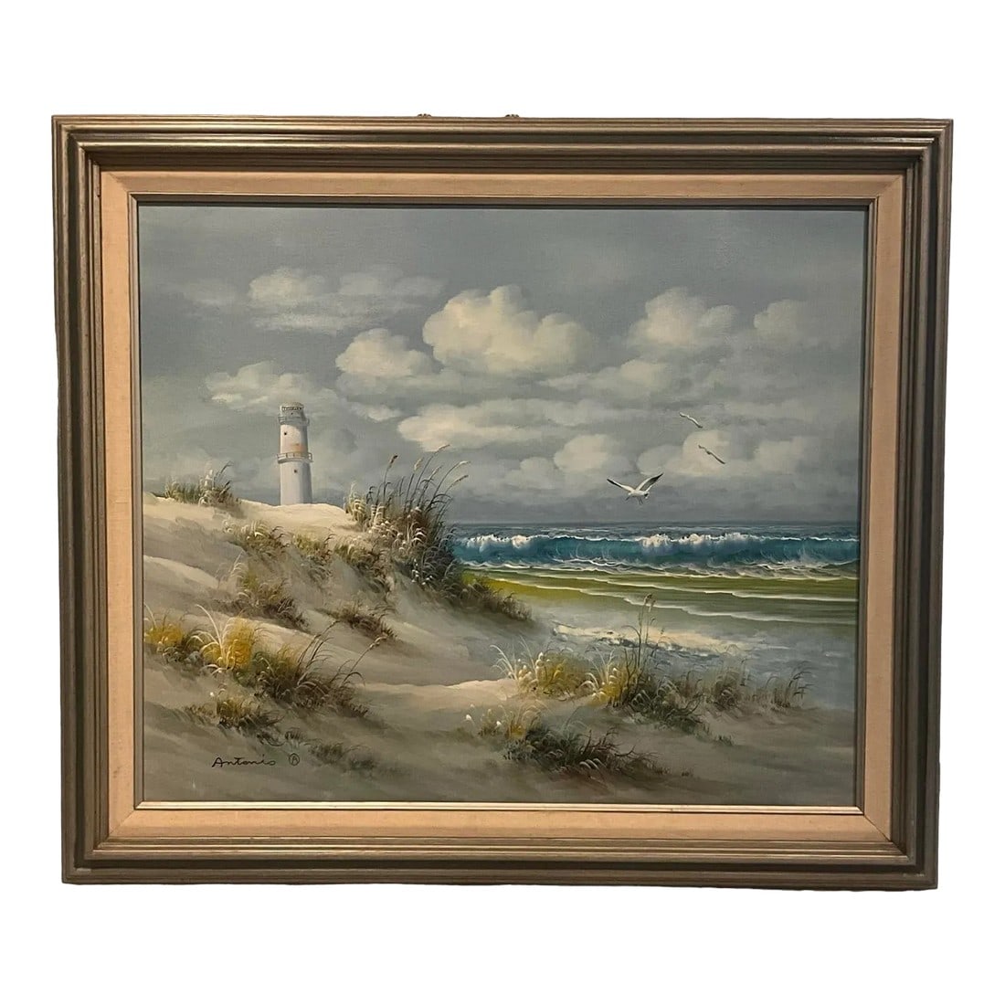 Antonio Tano Seascape Oil Painting Framed: A beautiful 1970's Antonio Tanos original oil painting. Framed and signed. Condition: Alterations: Original Condition Unaltered Imperfections: Some Imperfections Condition Notes: Excellent vintage
