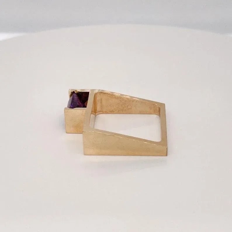 Signed Trisko 14 Karat Gold & Amethyst Cocktail Ring Size 8 - 8