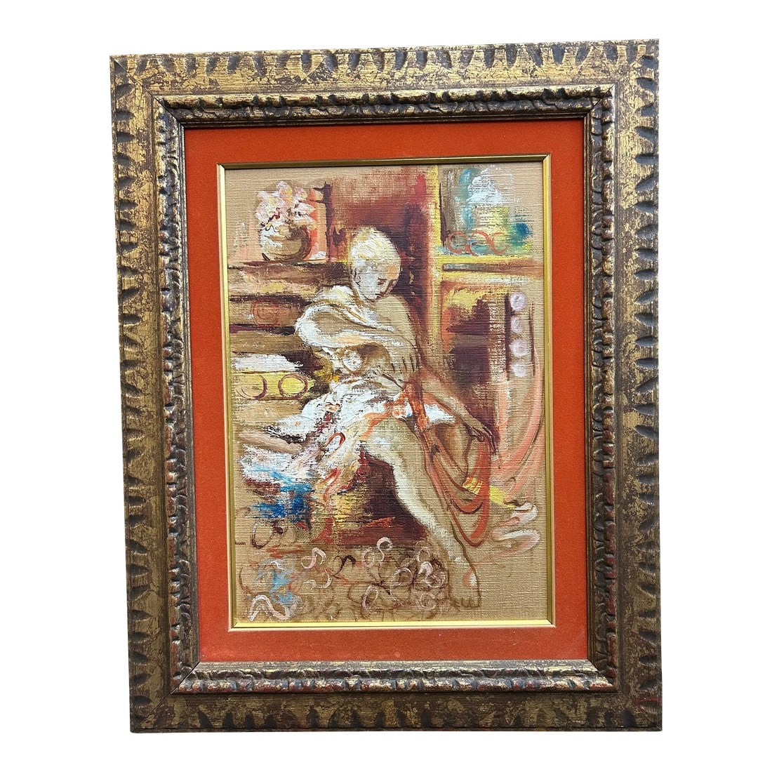 Abstract Midcentury Seated Nude Oil Painting: Vibrant abstract painting of a seated nude woman. Oil on canvas in original midcentury frame, with fabulous orange velvet mat. Unsigned, from mid 20th century. Reminiscent of Matisse. Measurements