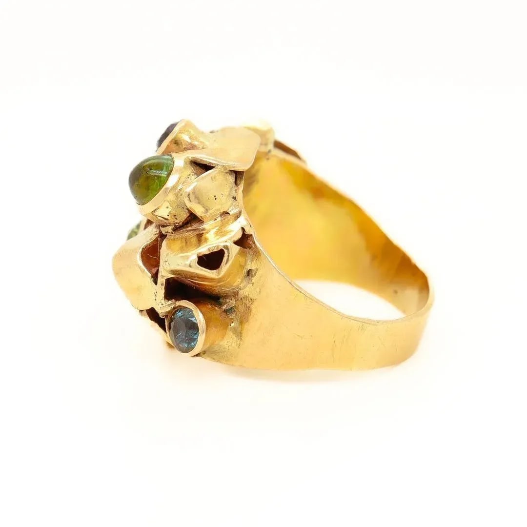 Vintage 1960's Modernist 14k Gold & Multi-Gemstone Cocktail Ring by Resia Schor Size 8.75 - 11