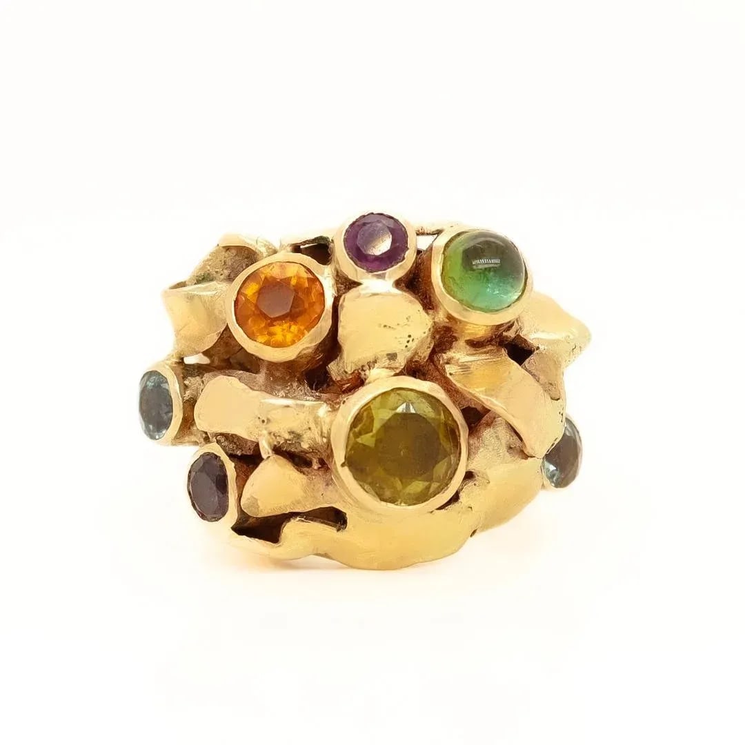 Vintage 1960's Modernist 14k Gold & Multi-Gemstone Cocktail Ring by Resia Schor Size 8.75 - 4