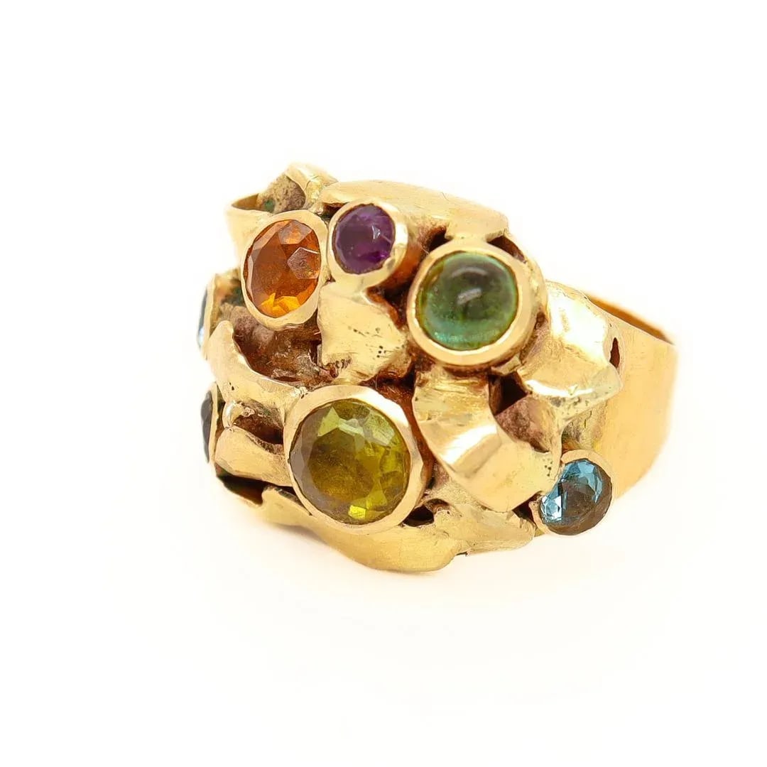 Vintage 1960's Modernist 14k Gold & Multi-Gemstone Cocktail Ring by Resia Schor Size 8.75 - 6