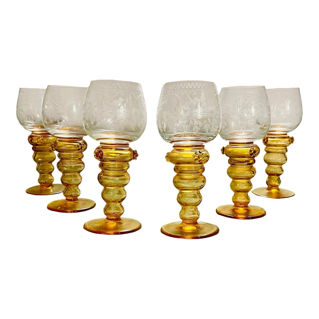 Vintage Theresienthal Etched Orange Crystal Wine Glasses- Set of 6: An interesting set of wine glasses with a tiered bubble stem done in amber glass and a clear glass bowl hand etched in a floral pattern. Ships within 1-2 days using USPS. All items packed with care.