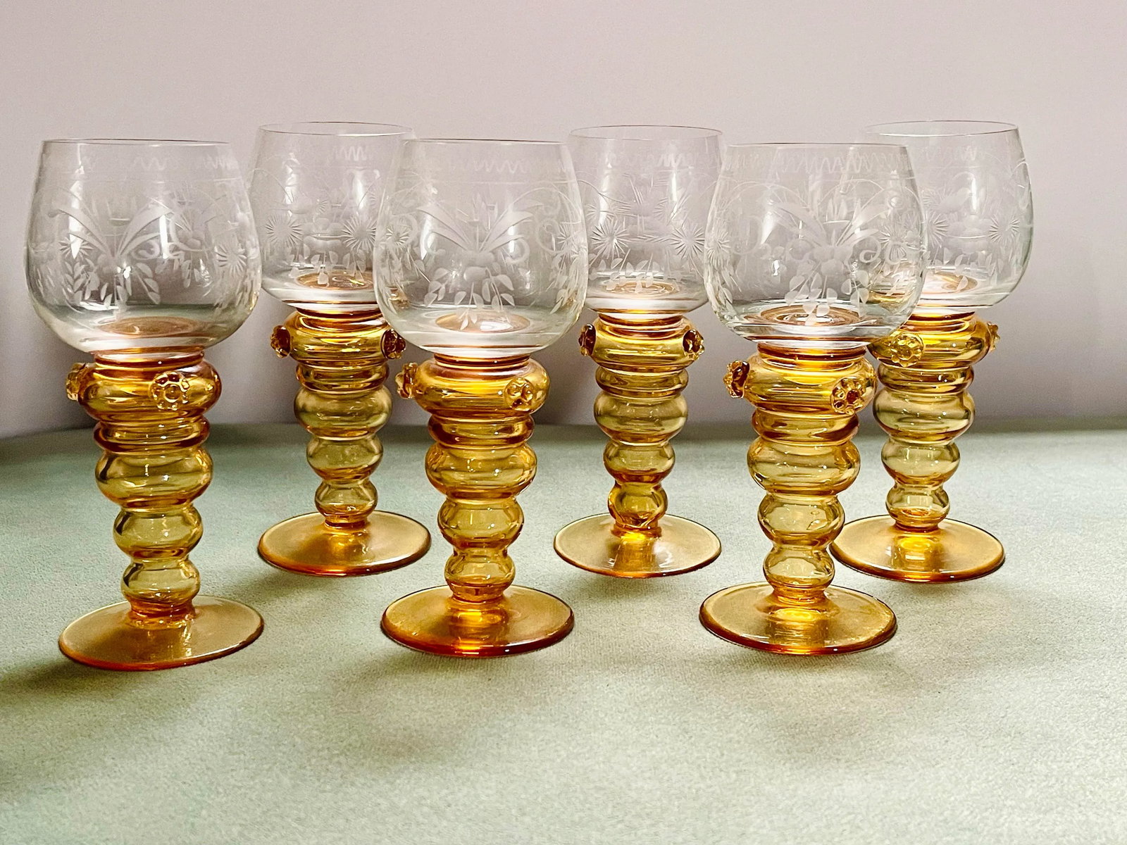 Vintage Theresienthal Etched Orange Crystal Wine Glasses- Set of 6 - 4