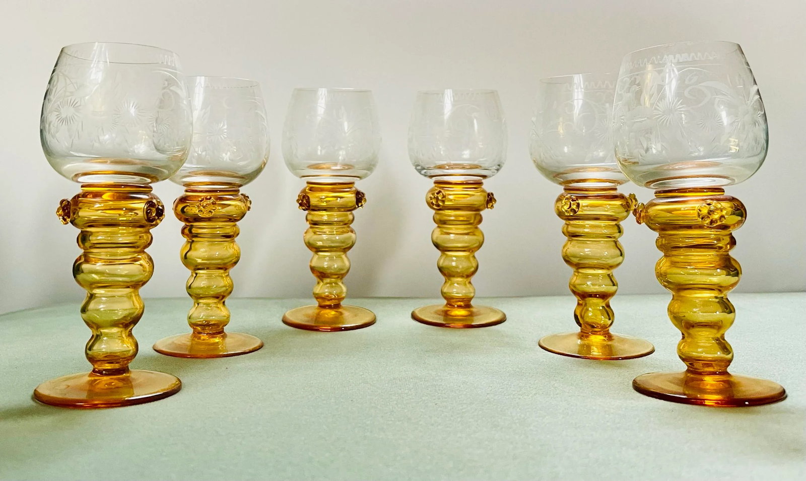 Vintage Theresienthal Etched Orange Crystal Wine Glasses- Set of 6 - 8