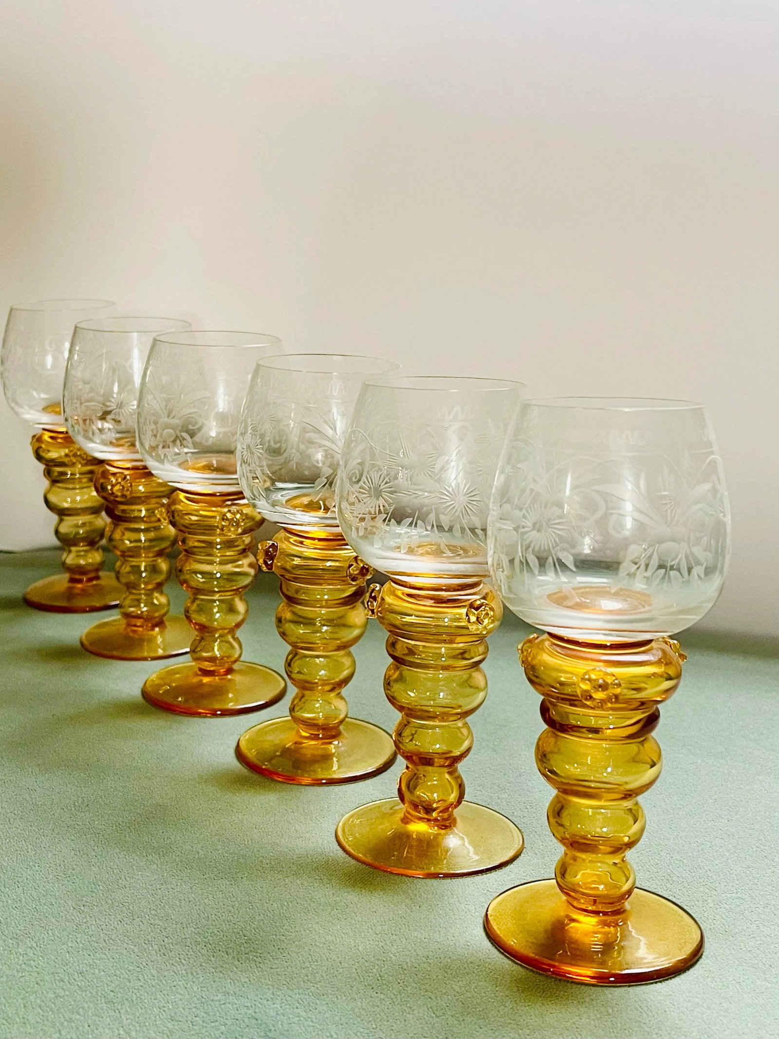 Vintage Theresienthal Etched Orange Crystal Wine Glasses- Set of 6 - 9