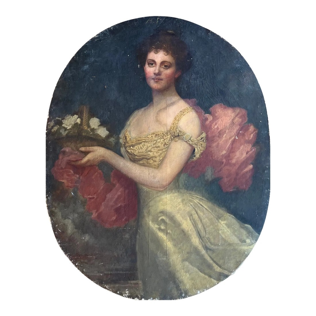 Early 19th Century European Portrait of Woman: Early 19th century oil on linen canvas painting. It features a portrait of a woman in a dark setting holding a basket of flowers. Condition: Alterations: Original Condition Unaltered Imperfections: