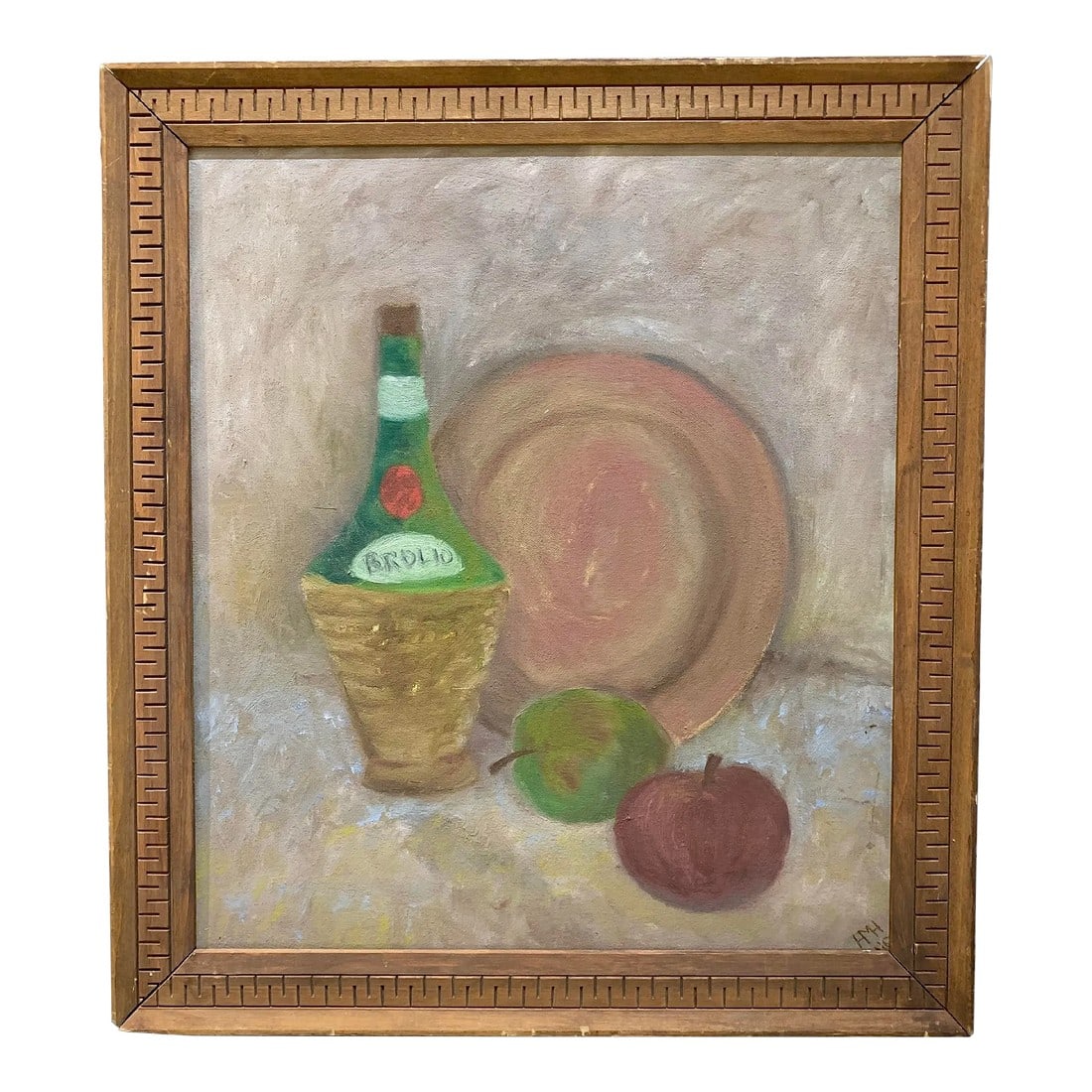 Mid-Century Tabletop Still Life Painting, Framed: A mid-century still life in muted colors. Appears to be acrylic on canvas. Signed but the frame covers the full signature. Interesting vintage frame has some wear. 16.75 by 18.5" by 1.5". Condition: