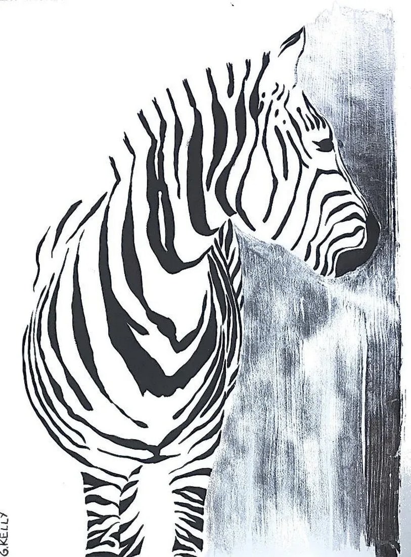 Zebra Patina Mixed Media Painting on Heavy Paper, Silver Leaf: Zebra by Gretchen Kelly, painted in black gouache with silver leaf on heavy paper, unframed. See additional photos for framing ideas. Condition: Imperfections: No Imperfections Dimensions: Height: 24
