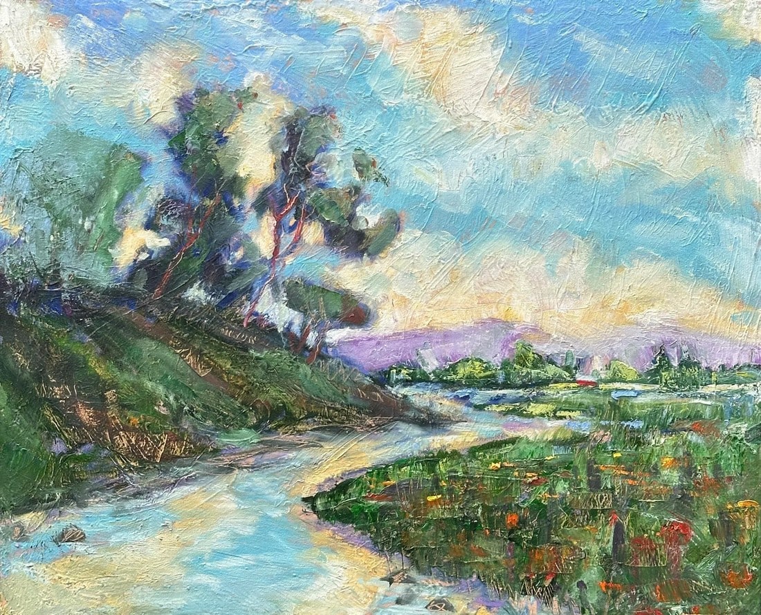 Original Impressionist Style California Landscape Painting by James Hartman: Sky Reflections by Bay Area painter James Hartman is a 30"x 36" original oil landscape for your wall art solution. The rich texture and use of color and value come into play. Condition: Imperfections:
