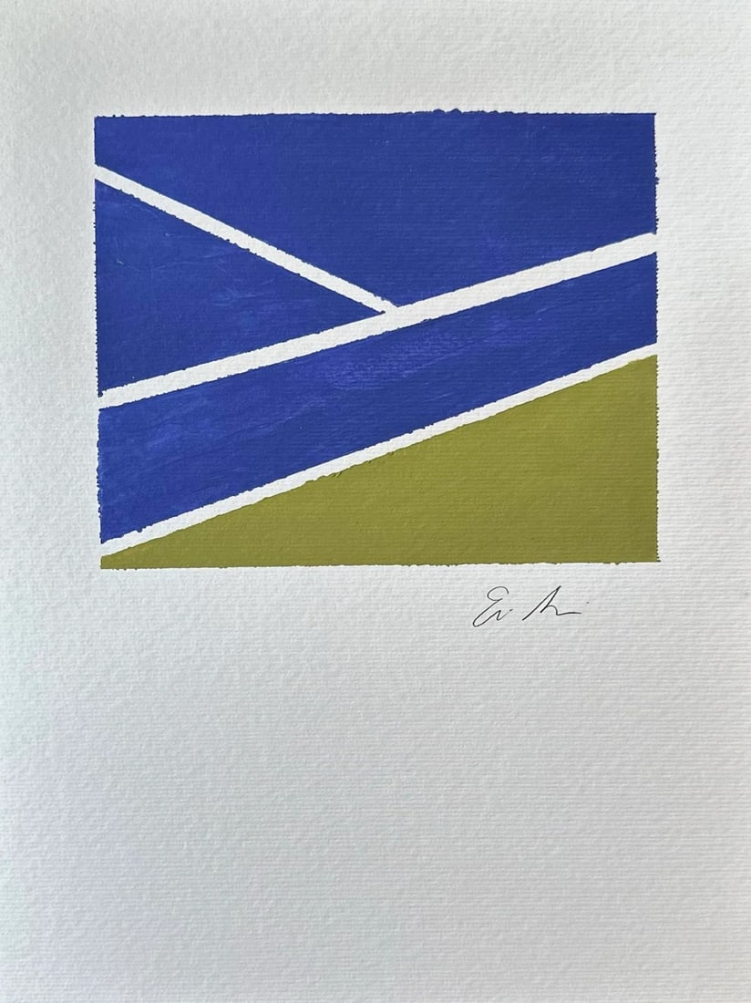 Erin Simon Original Abstract Sport Painting "Court Lines": Olive green with a purple blue "Court Line" original tennis court painting on 9x12 inch paper. Signed Condition: Imperfections: No Imperfections Dimensions: Height: 12 in. Width: 9 in. Depth: 0.04