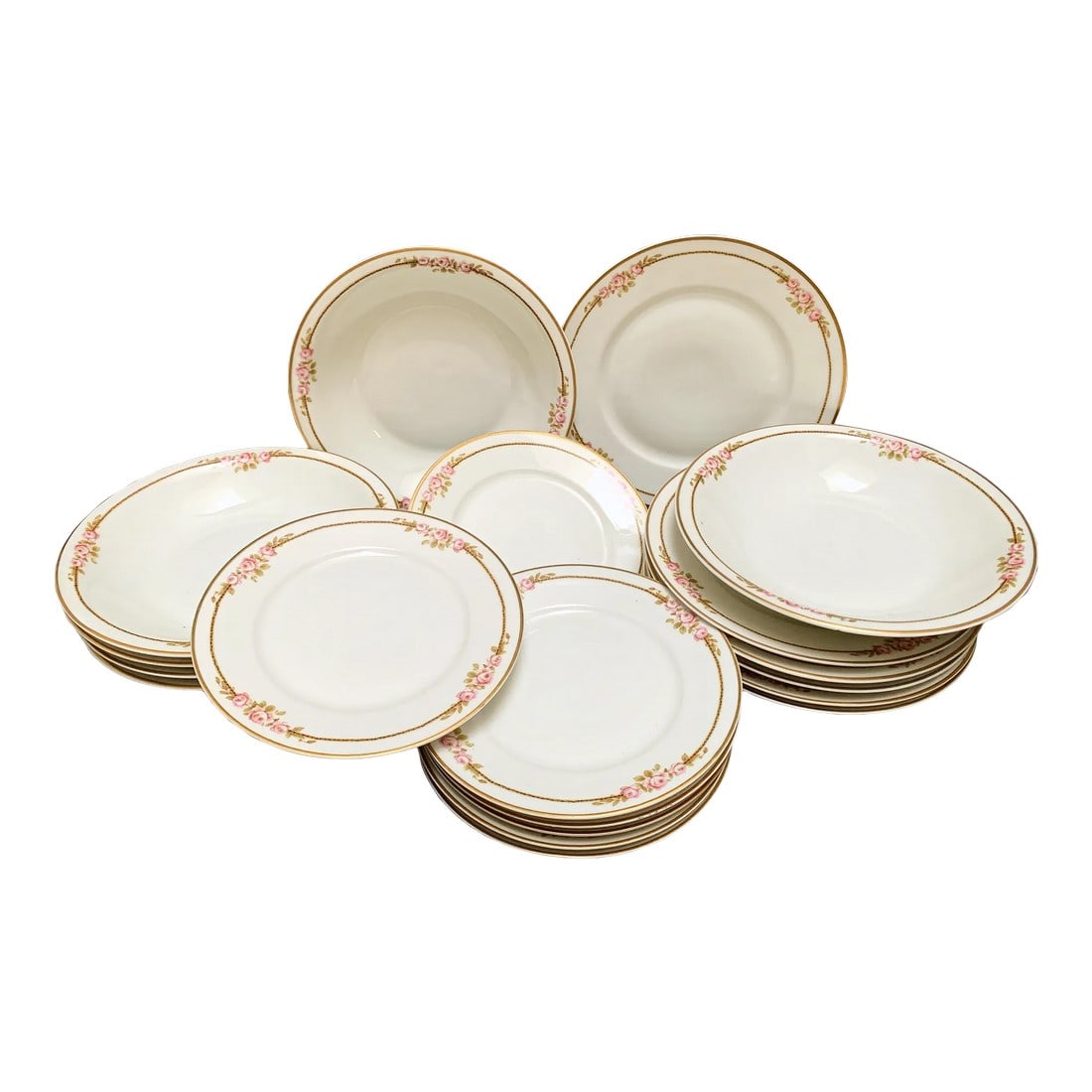 French Limoges Vintage Pink Rosette Patterned China Plates and Bowls, Set of Nineteen (1 of 10)