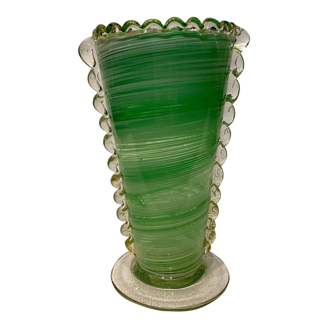 Mid- Century Modern Barovier and Toso Venetian Murano Vase: This stunning hand blown green swirled vase with gold accents stands 9 inches tall and is marked on the bottom. A rare find! Condition: Alterations: Original Condition Unaltered Imperfections: Some