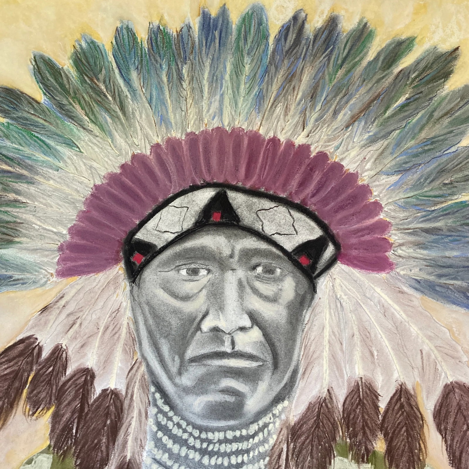 Original Folk Art Pastel Drawing of an Indian Chief - 2