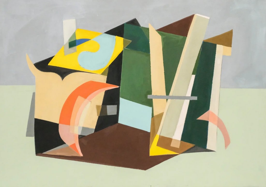 Abstract Mid-Century Modern Original Painting: Mid-Century Modern Abstract Painting on Canvas, Cubist style abstract composed of blocks of color with overlapping blending/gradation of converging colors.. Ready to place. American, 20th century