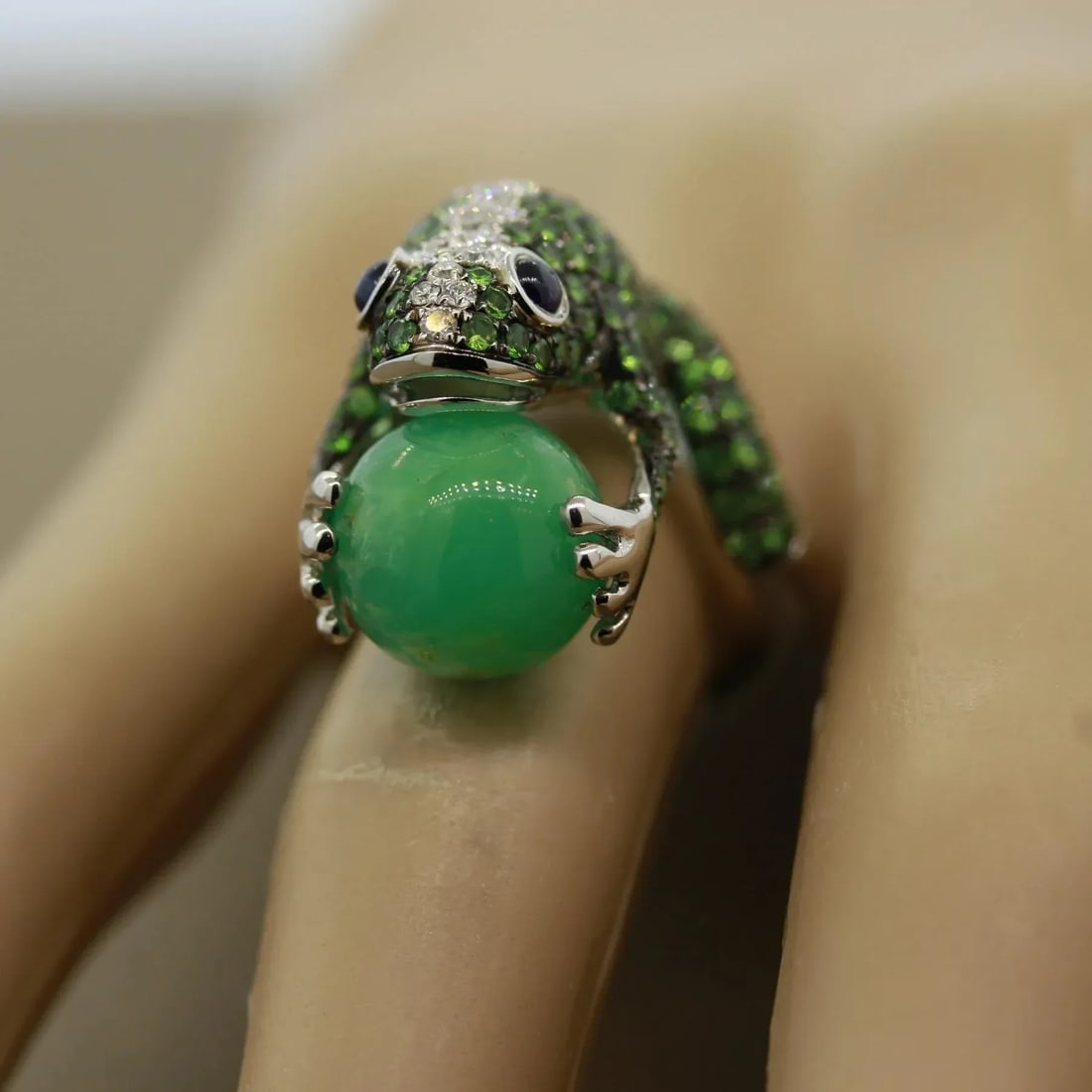 Tsavorite Diamond Sapphire Jade Gold Frog Ring, Size 6.75 - 10
