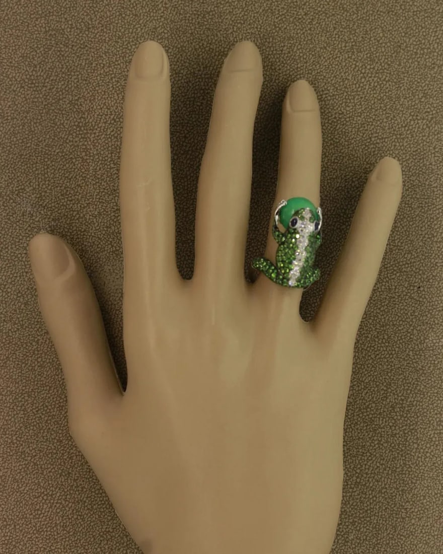 Tsavorite Diamond Sapphire Jade Gold Frog Ring, Size 6.75 - 3