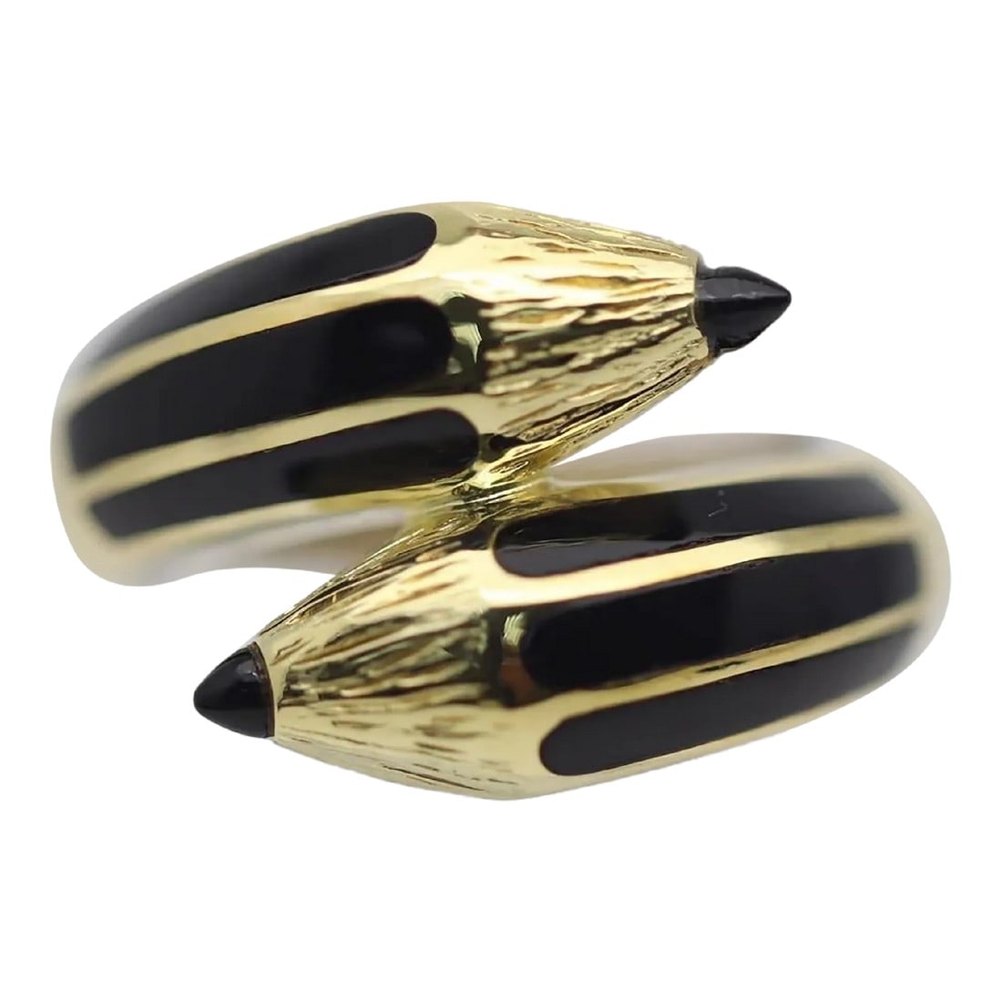 18k Yellow Gold Onyx Enamel Crossover Pencil Ring, Size 7: A sweet, fun and stylish ring designed as a double ended pencil! It is finely crafted in 18k yellow gold with hand-carved details making it appear lifelike. Adding to that, the pencil is enhanced