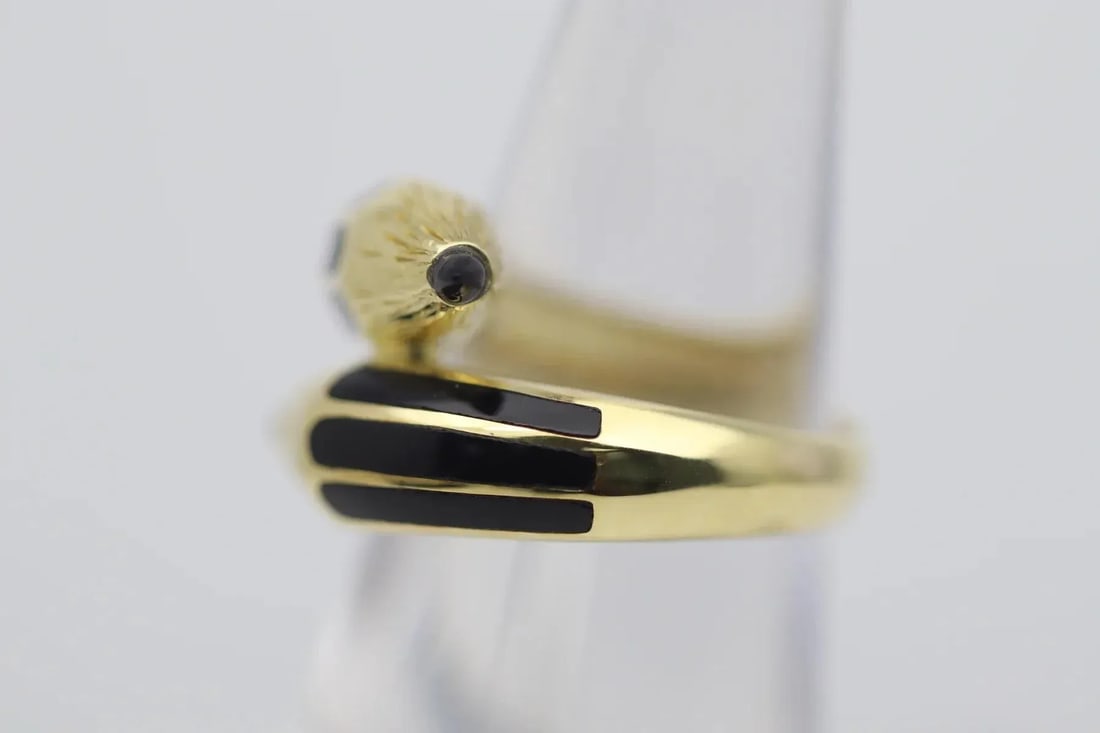18k Yellow Gold Onyx Enamel Crossover Pencil Ring, Size 7 - 3