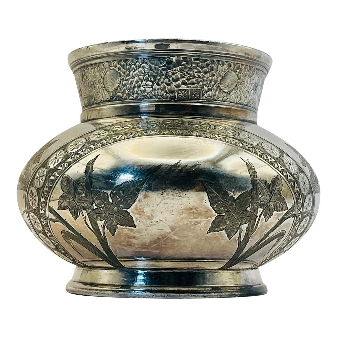 Vintage Silver-Plate Floral Jardiniere: This silver-plate vessel features a charming garden scene. It is finished with an interlocking floral border and stylized arch. Ships within 1-2 days using USPS. All items packed with care. Please
