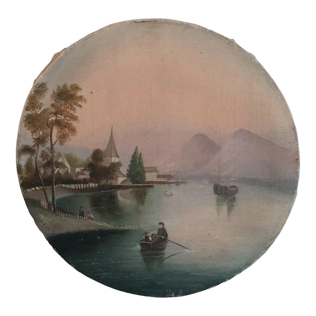 Late 19th Century Antique Water Landscape Oil on Canvas: Antique, water landscape painting. Muted tones. Hand-made round canvas with original tacks. Signed lower left, H.Ball 1871. Condition: Alterations: Original Condition Unaltered Imperfections: Some Imp