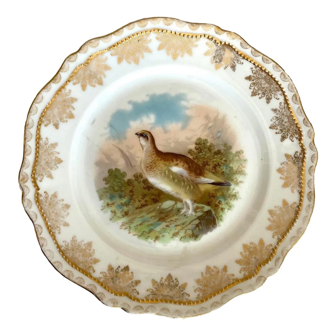 1910s Oscar & Edgar Gutherz Royal Austria Luncheon Plate -Gold Floral Rim, Gold Dots Trim, Scalloped: The Oscar & Edgar Gutherz Royal Austria Plate set is adorned with various game bird scenes. Each plate features a captivating gold floral rim with delicate gold dots trim, adding a touch of elegance