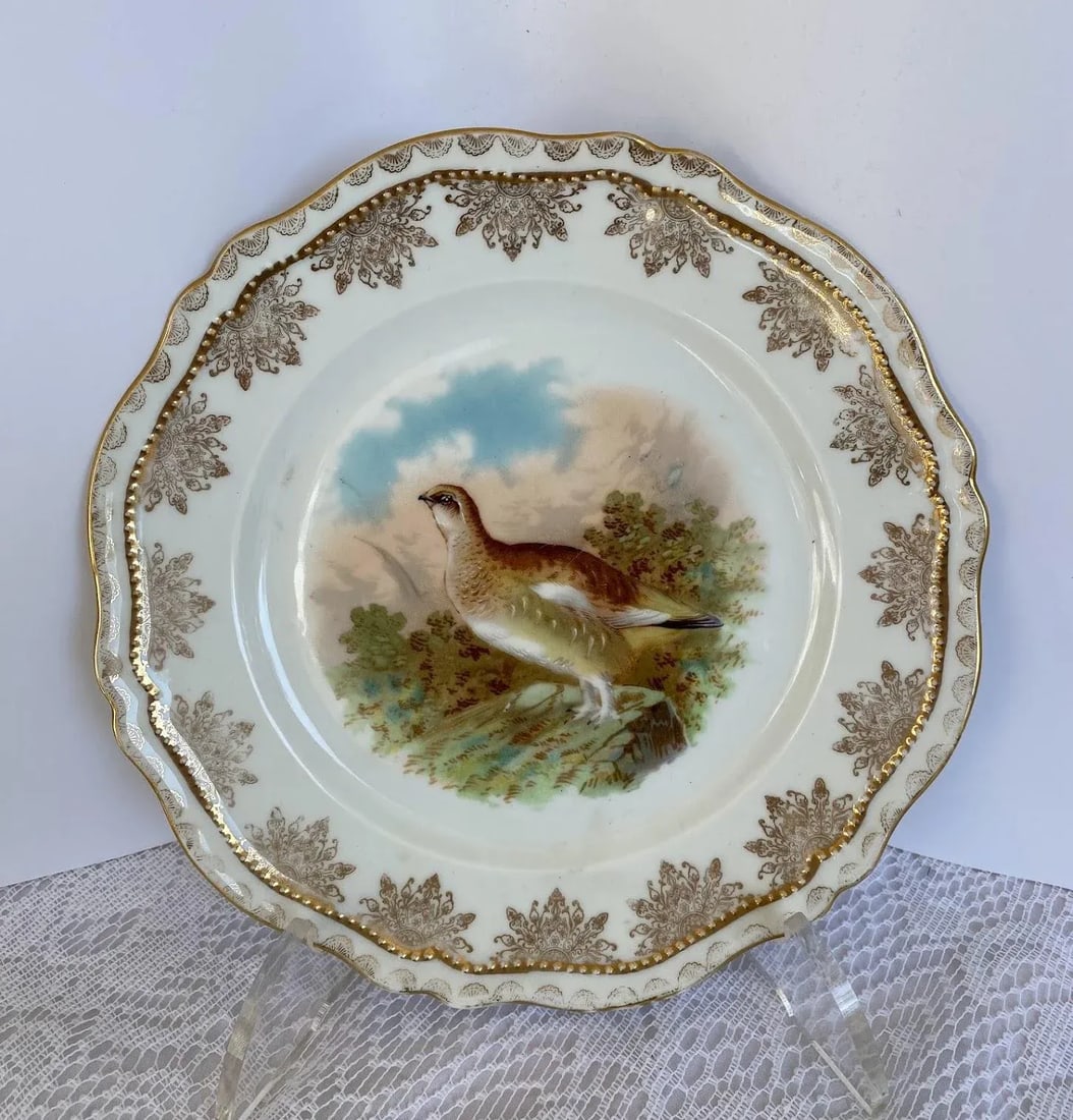 1910s Oscar & Edgar Gutherz Royal Austria Luncheon Plate -Gold Floral Rim, Gold Dots Trim, Scalloped - 2