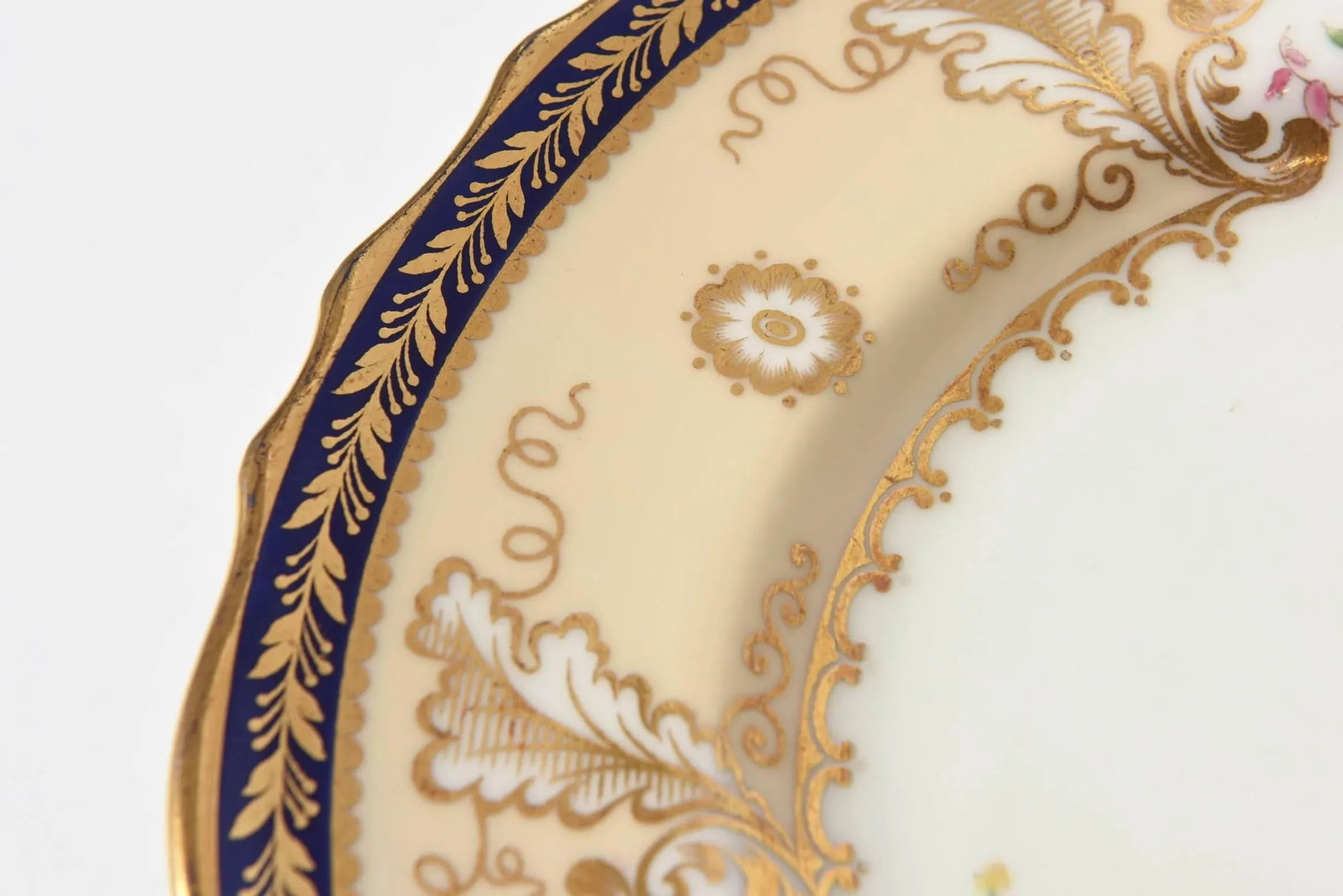 12 Antique English Dessert Plates, Cobalt Blue and Hand-Painted Florals Tiffany - 10