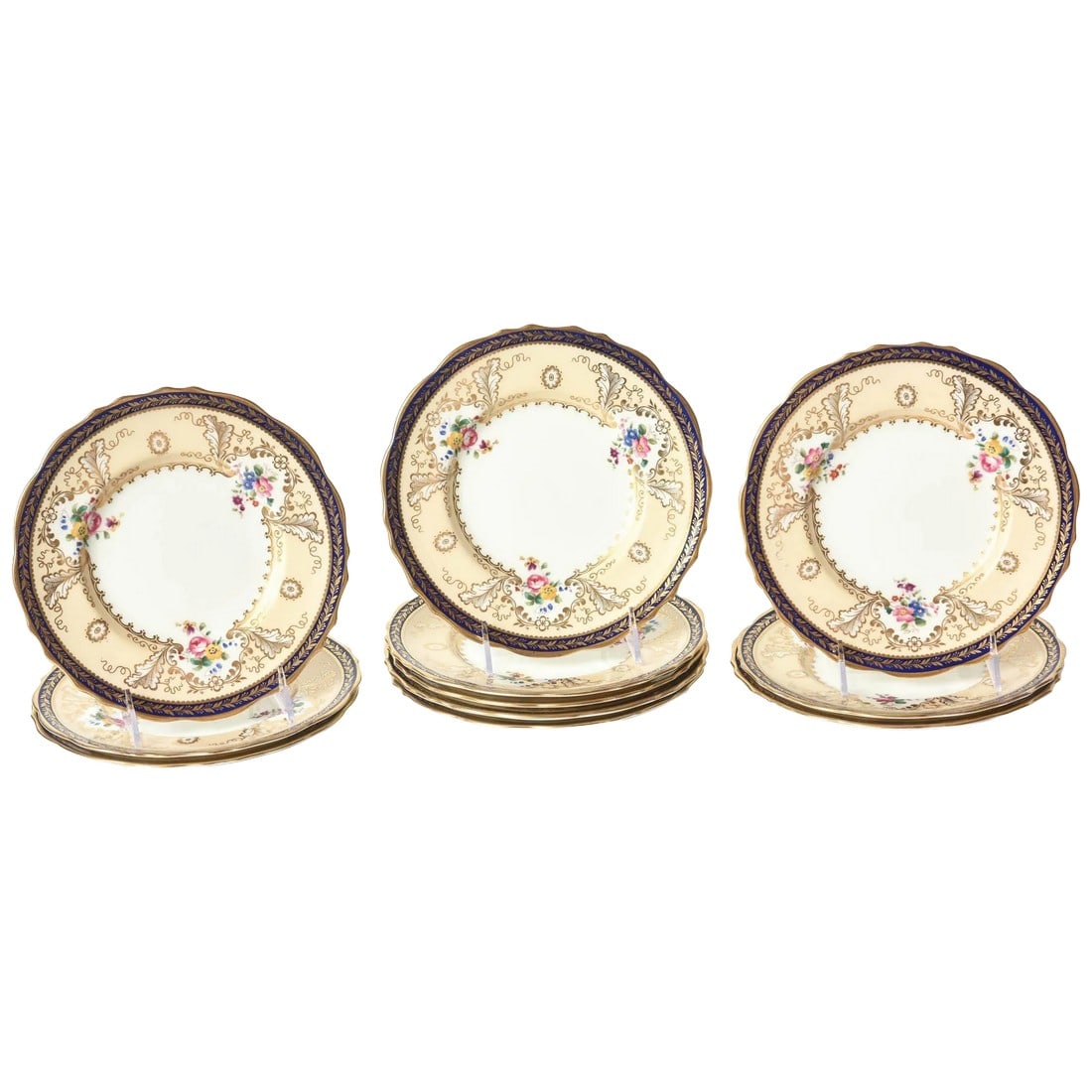 12 Antique English Dessert Plates, Cobalt Blue and Hand-Painted Florals Tiffany: A classic pattern by Cauldon of England which was custom ordered through Tiffany's in many different color ways. We have had the pleasure of offering this beautiful pattern in cobalt blue before and