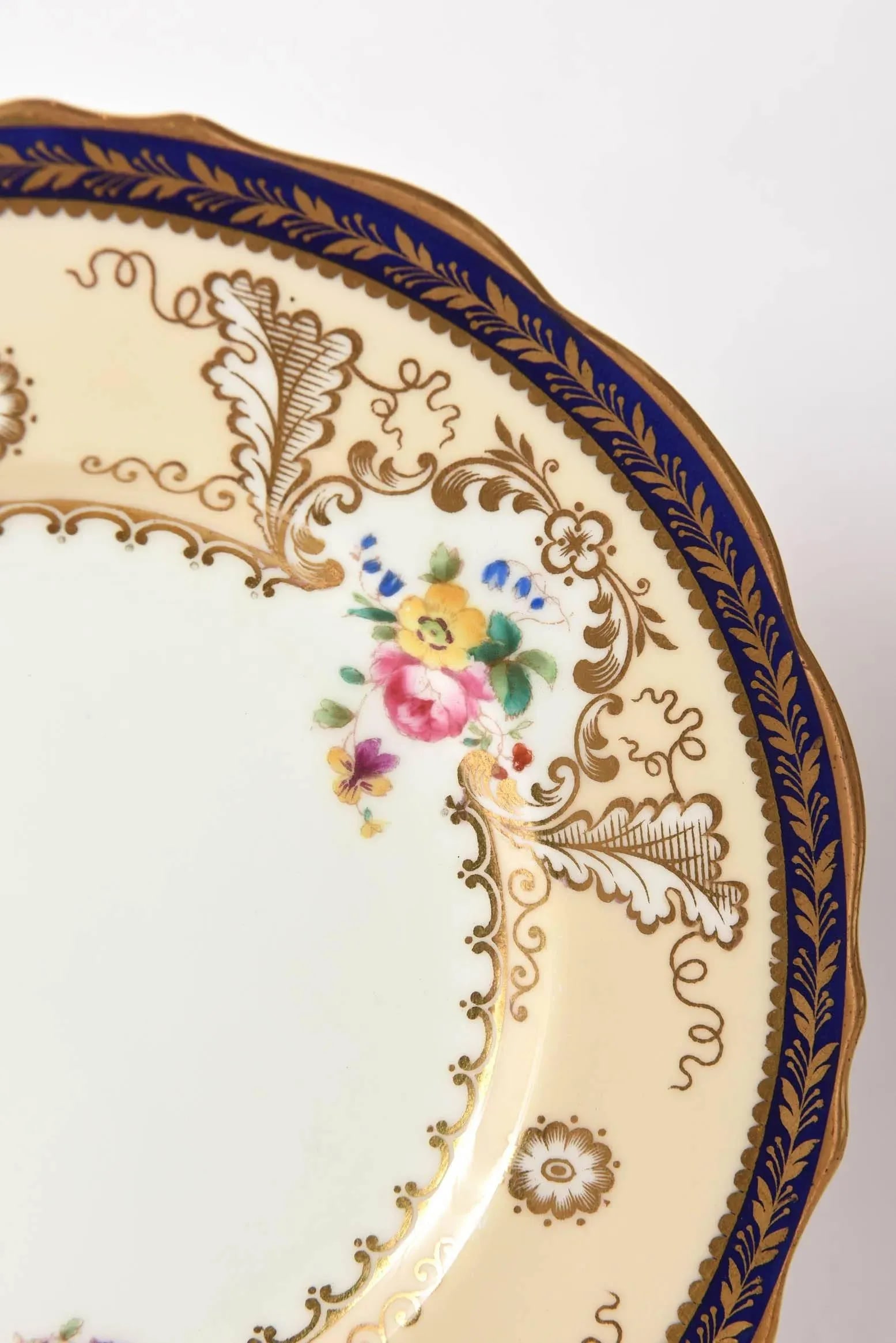 12 Antique English Dessert Plates, Cobalt Blue and Hand-Painted Florals Tiffany - 2
