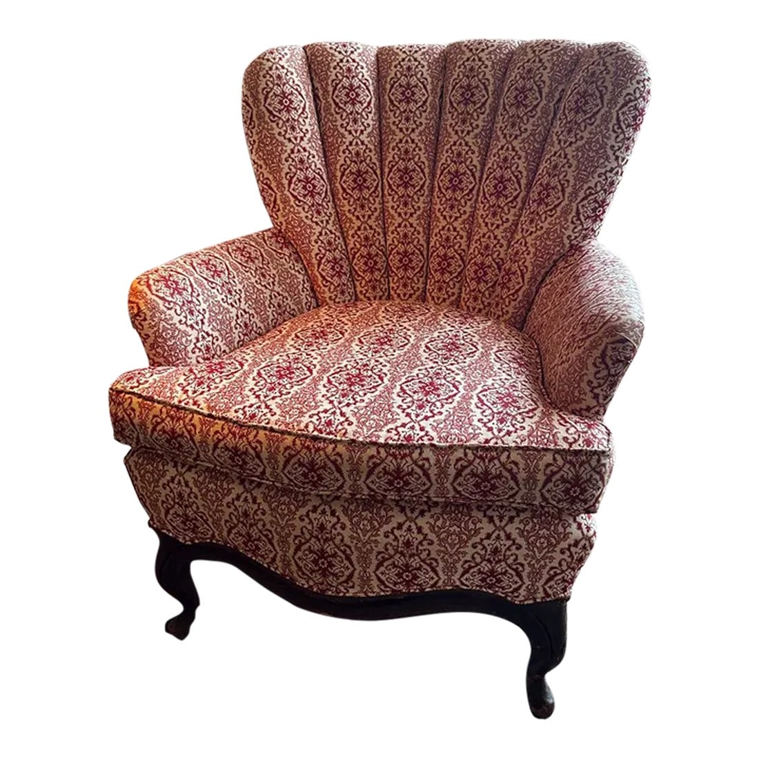 Early 20th Century Red & Cream Library Chair with Antique Mahogany Frame: Lovely and comfortable Library Chair with unique red and cream pattern. Has a antique mahogany frame. Condition: Alterations: Restored Imperfections: Some Imperfections Condition Notes: In excellent