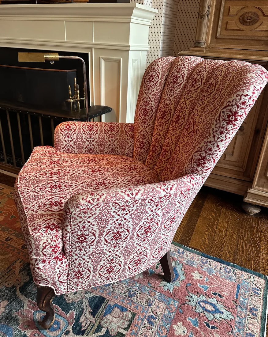 Early 20th Century Red & Cream Library Chair with Antique Mahogany Frame - 2