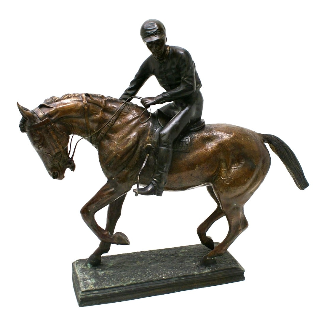 Large Bronze Jockey Rider on Race Horse Sculpture, 20th Century: Classic Large Jockey riding a racehorse with tack. Great two-tone finish, the rider is a darker bronze and the horse has a lighter patina which shows detail of fur, veins, and muscles. The Jockey
