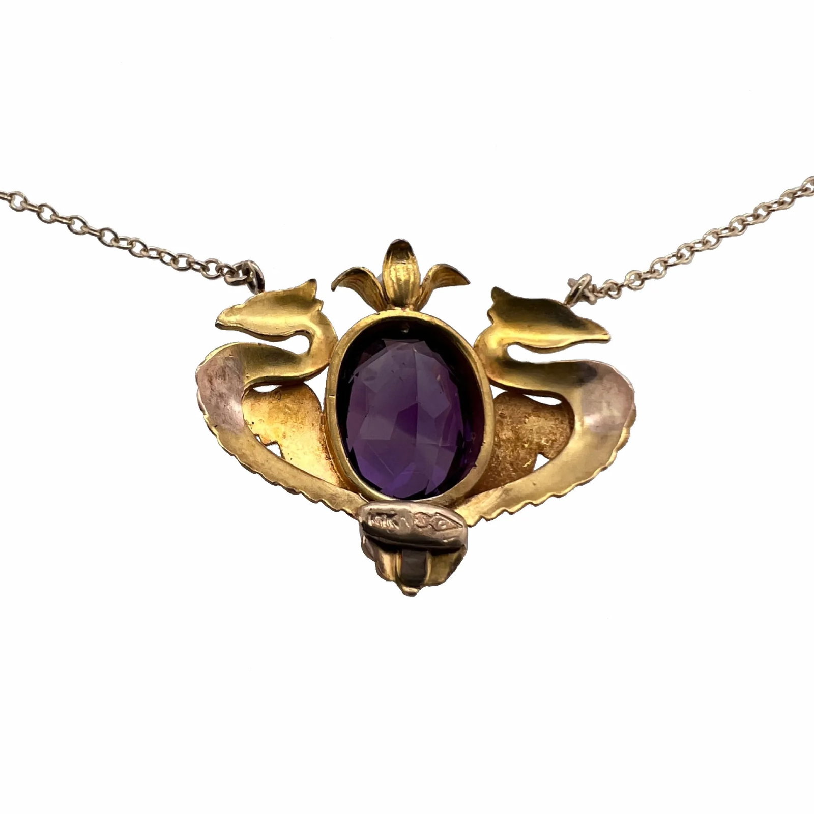 Antique 14k Carter Gough Griffin Amethyst Pearl Pendant on Chain - 3