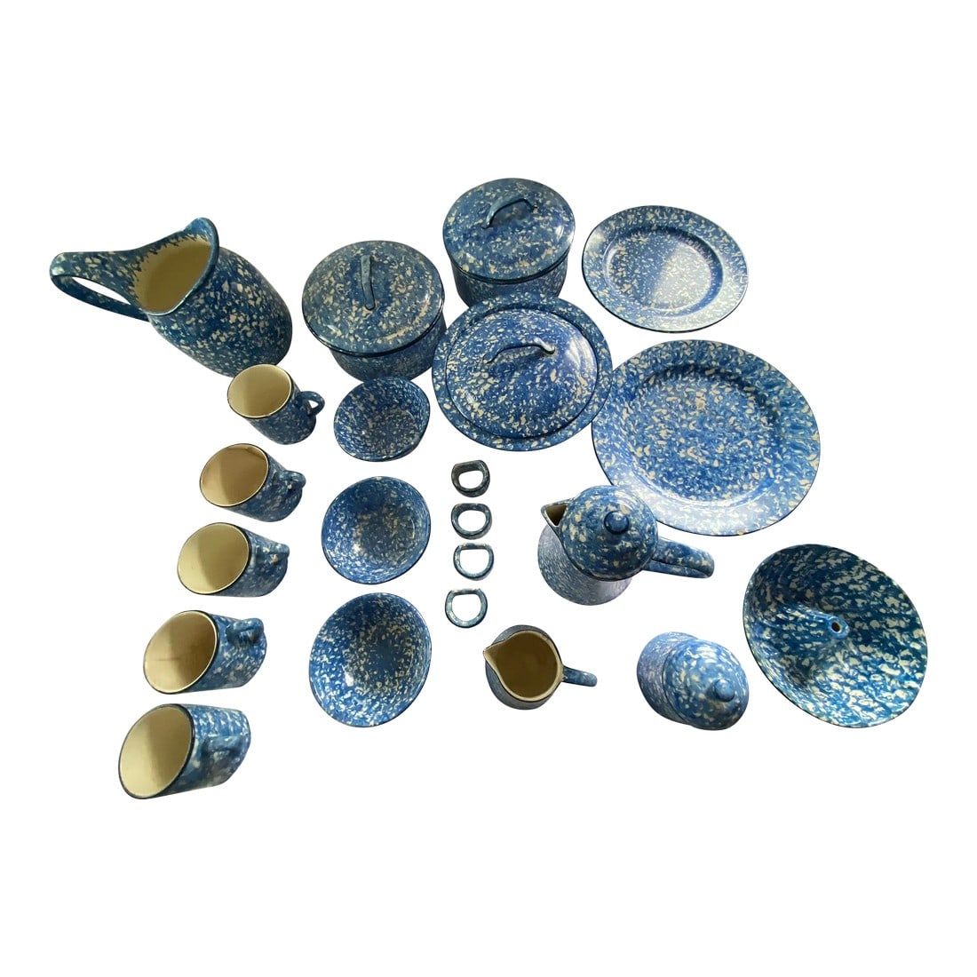 1940s Vintage Blue Stangl Sponge-Ware Stamped "Town & Country" Pattern- 24 Pieces: Selection includes 5 cups, 1water pitcher, 1 rectangle casserole, 3 cereal bowls, 3 covered casserole , 1 mold, 1 collider, 4 napkin rings,1 coffee pot with lid, 1 Creamer & sugar, 1 dinner plate, 1