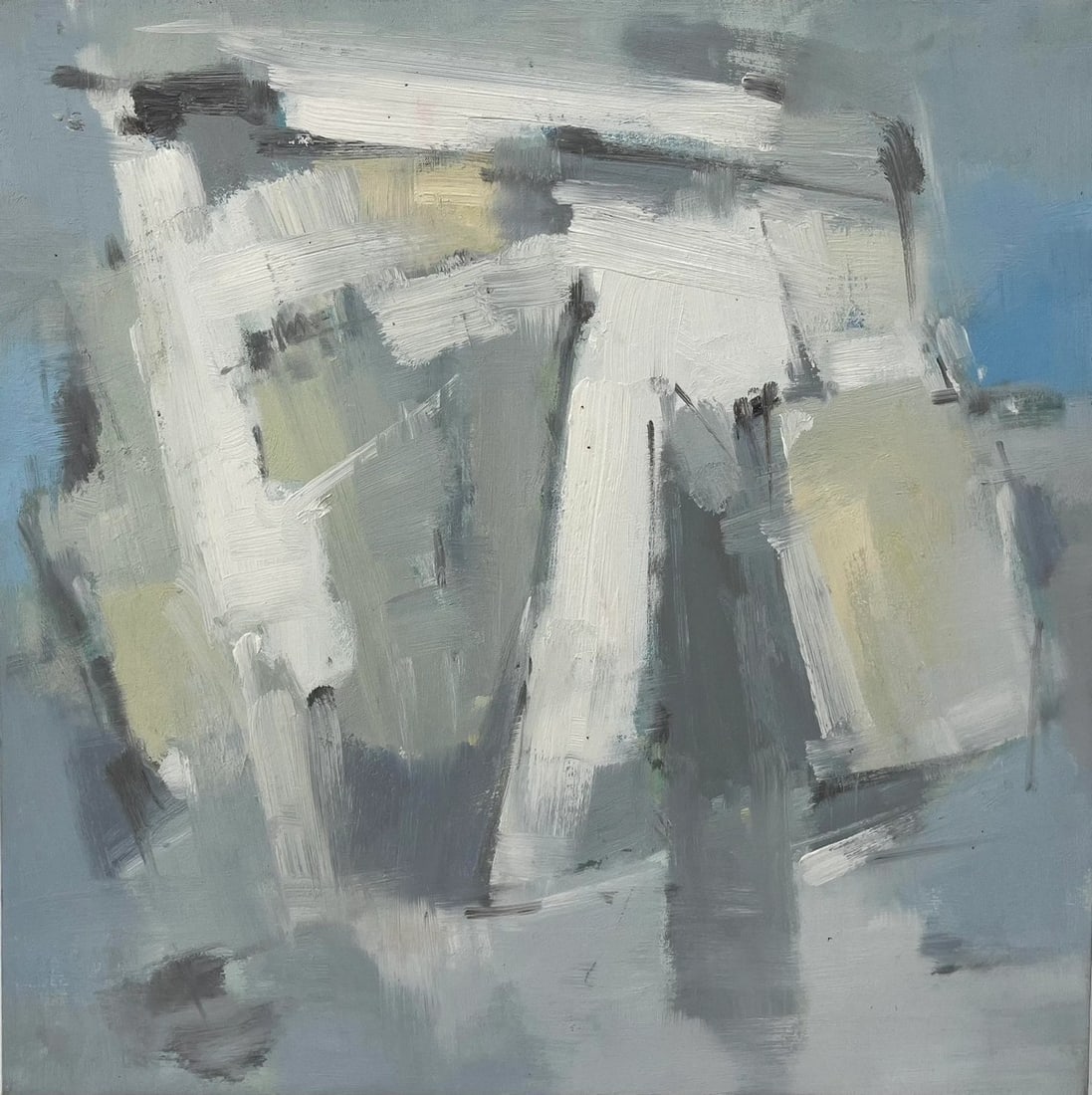Contemporary Abstract Original Oil Painting: A striking contemporary abstract oil painting rendered in soft layers of cool grey, ivory, and pale blue. The composition features expressive brushwork and textural depth, creating a sense of quiet