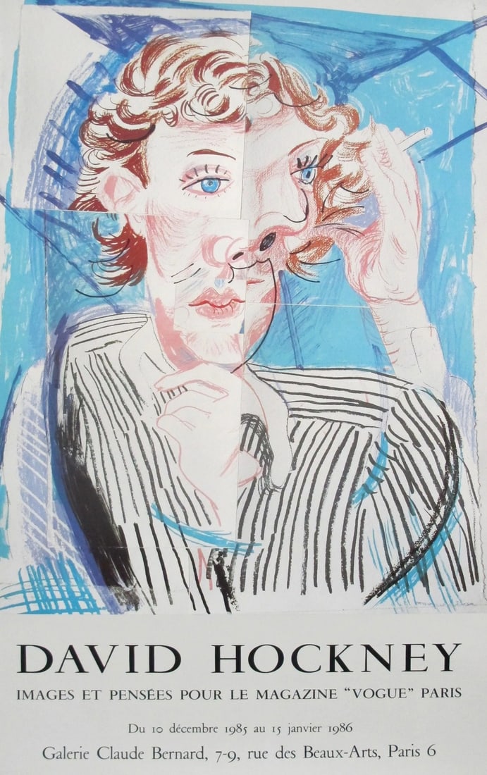 1985 Original French Exhibition Poster - Galerie Claude Bernard, David Hockney: Date: 1985 Size: 20 x 32.5 inches Artist: Hockney, David This poster was created to promote an exhibition of David Hockney's works for Vogue Paris. Hockney is primarily known today for his large