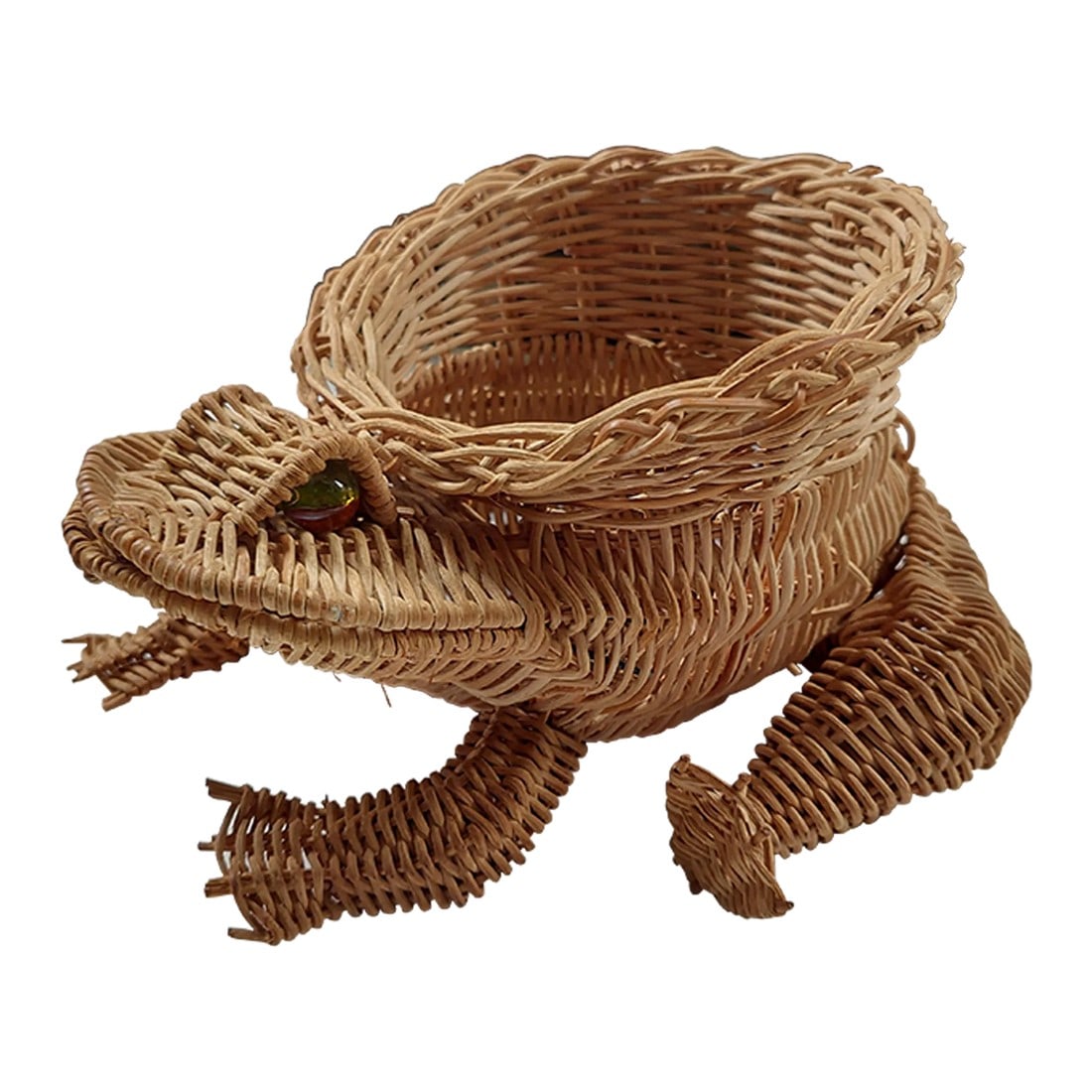 Mid 20th Century Wicker Frog Basket After Mario Lopez Torres: His marble eyes will stare at you like a real frog! He is perfect to organize or as a small plant holder. Condition: Alterations: Original Condition Unaltered Imperfections: Some Imperfections