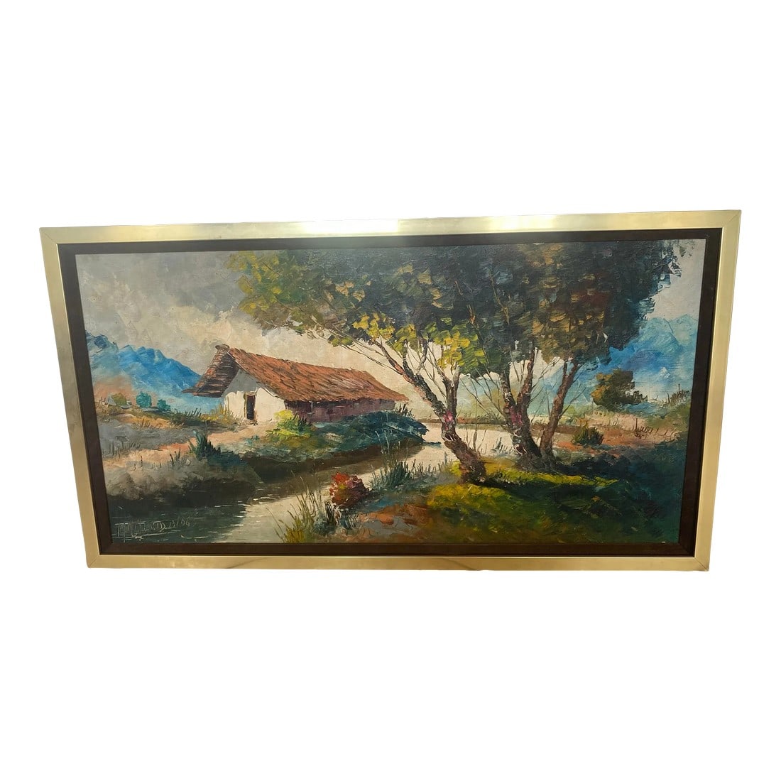 1960s Mid Century Modern House in Forest Landscape Painting With Gold Frame Signed Manuel Munoz Meri: Fantastic mid-century modern oil painting by Manuel Munoz Merida. Manuel born in 1920 in the city of Cordoba and grew up in Granada, Spain. He traveled the world and painted in Spain, Italy, France,