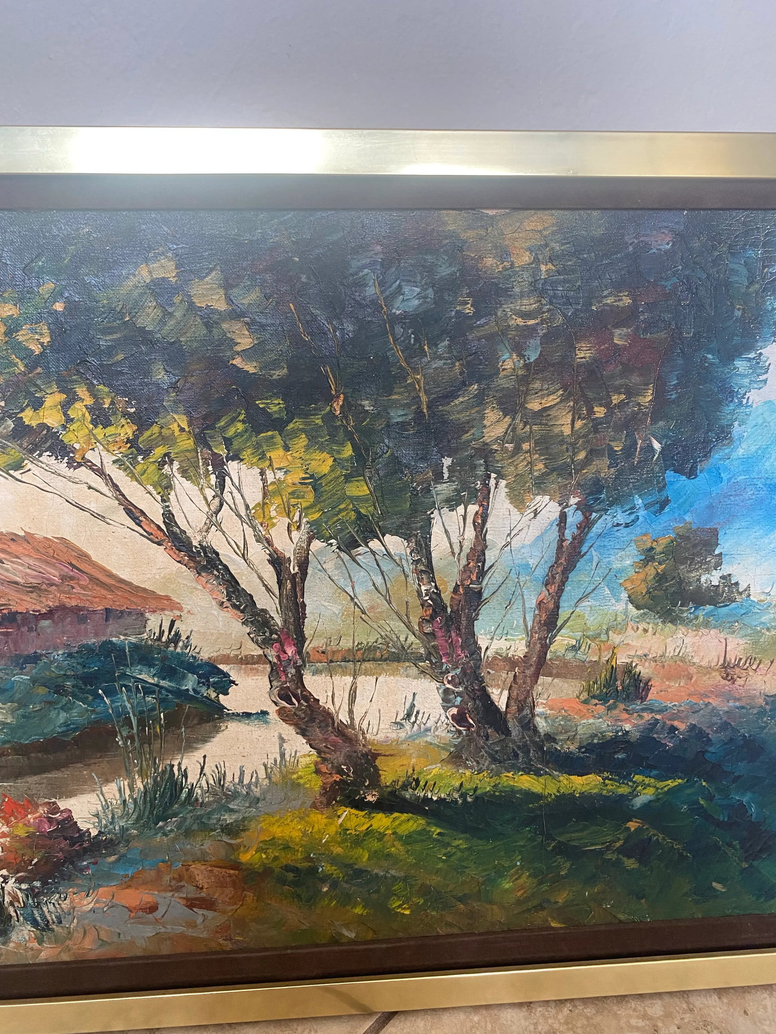 1960s Mid Century Modern House in Forest Landscape Painting With Gold Frame Signed Manuel Munoz Meri - 5