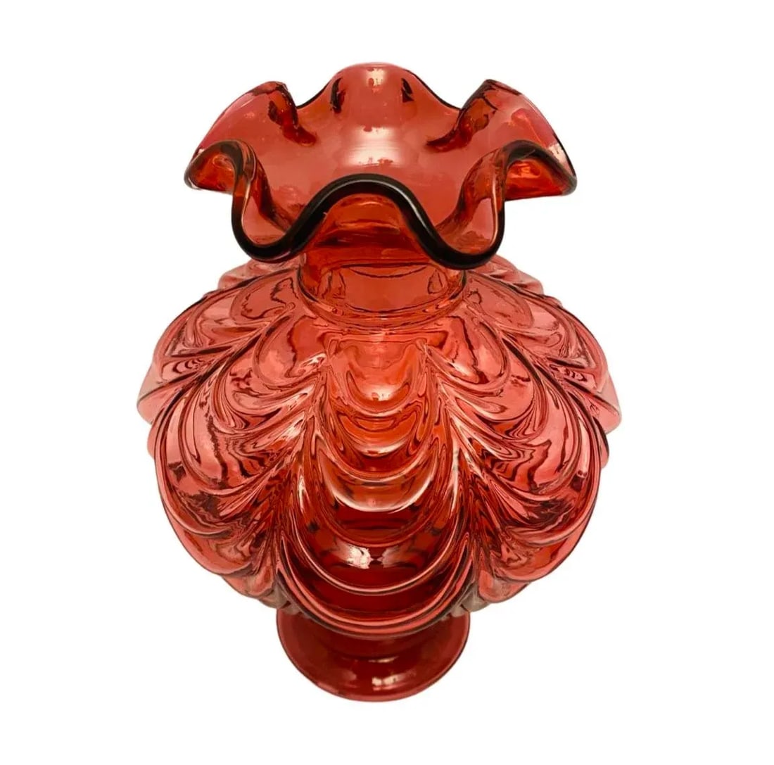 Vintage Fenton Cranberry Art Glass Drape Feather Vase - 2