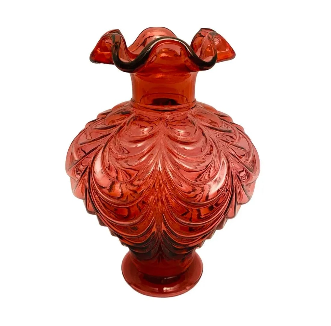 Vintage Fenton Cranberry Art Glass Drape Feather Vase - 3