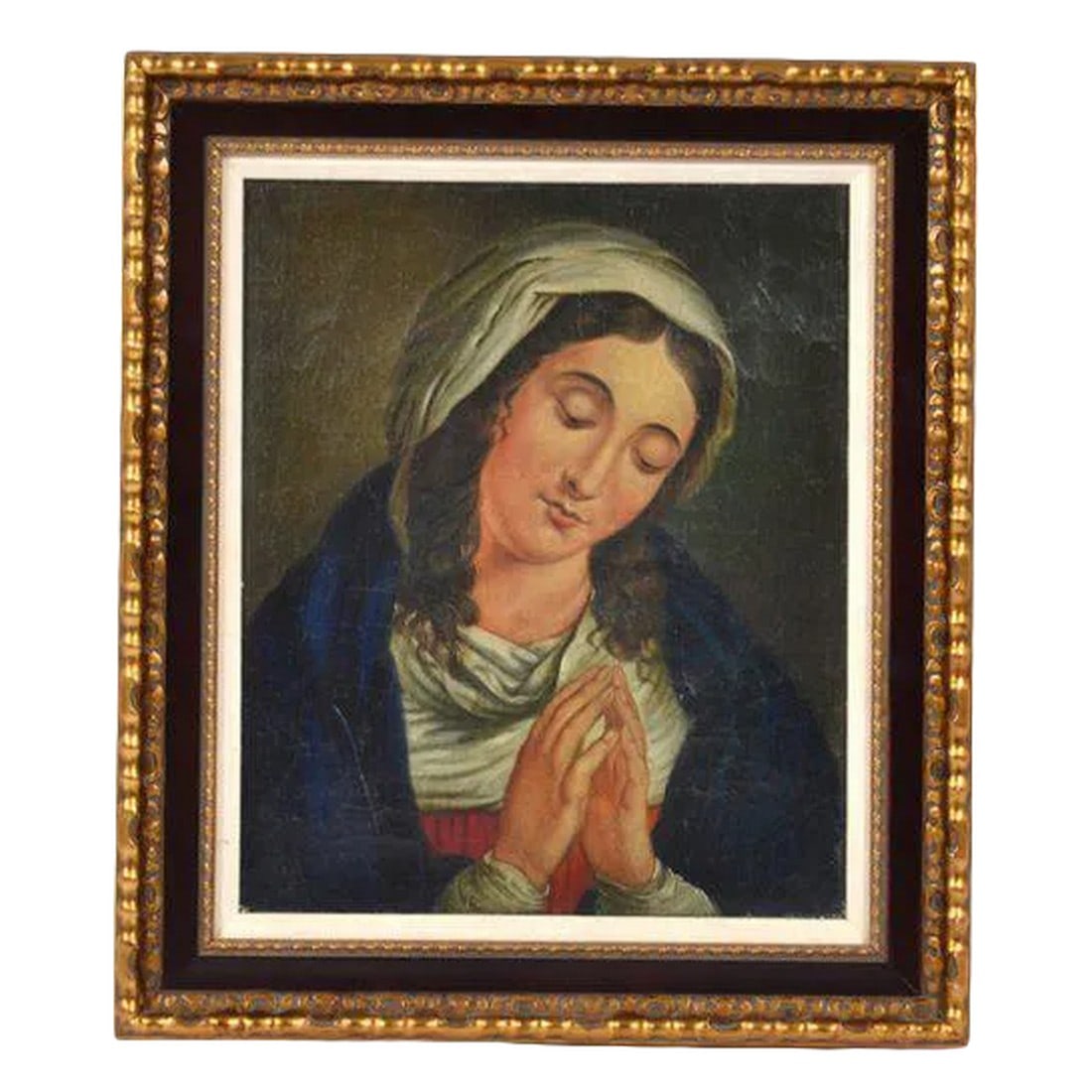 18th / 19th Century Antique "Madonna" Oil on Canvas Painting: This is a 18/19th century Oil on canvas painting of "Madonna," Mary the mother of Jesus. Her hands are folded in prayer. The figure is wearing the blue robe and white veil typical of Madonna images.