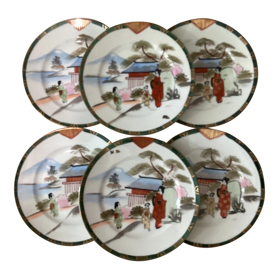 Vintage Japanese Handmade Hand Painted Porcelain Plates Set by Kutani Artist Signed- Set of 6: Vintage Japanese Handmade Hand Painted Porcelain Plates Set by Kutani Artist Signed There is a typical Kutani design around the rim with gold gilt accent throughout. The colorful scene is in light