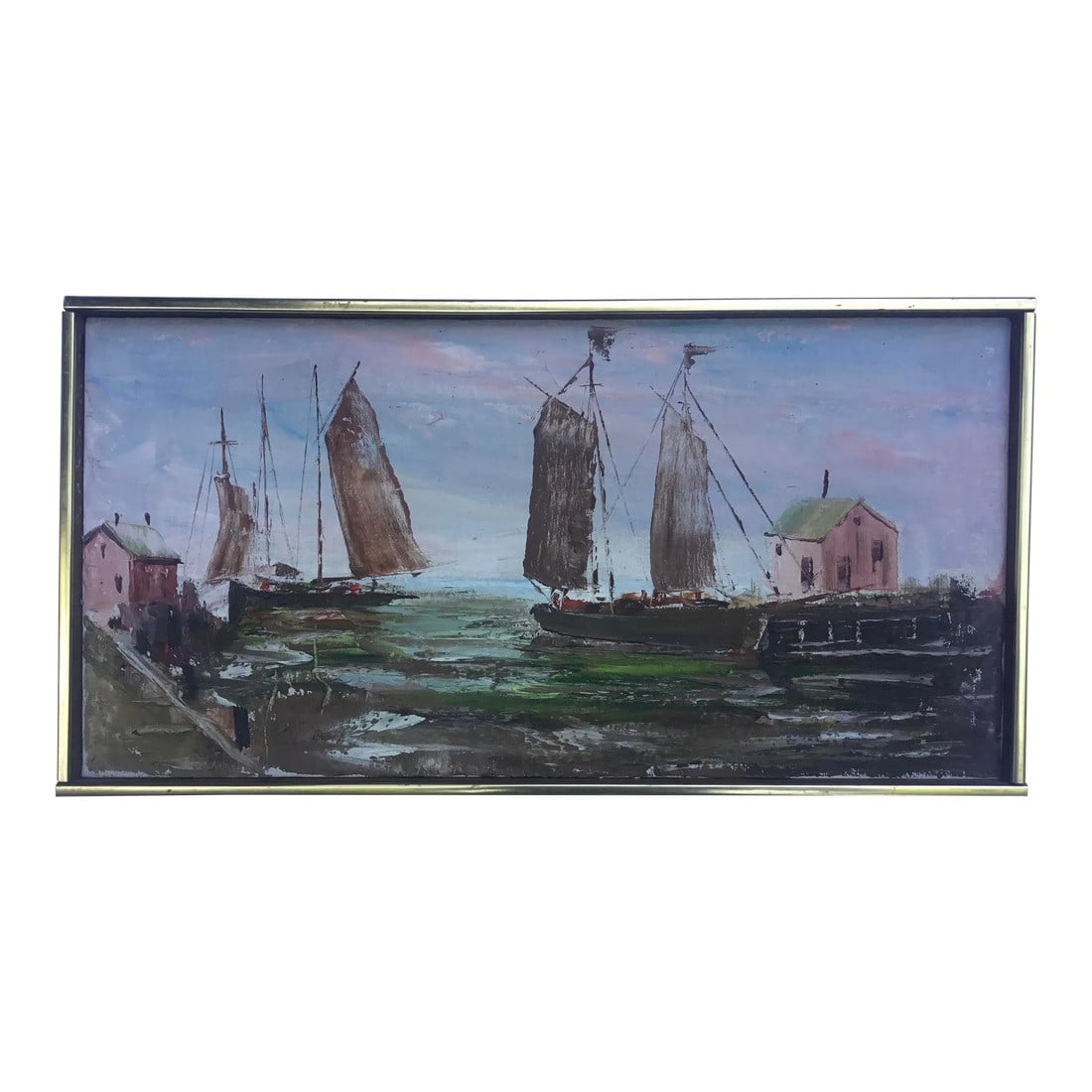 Vintage Painting, Harbor Sailboats, Oil on Canvas, Mid 20th Century, Framed: Harbor Sailboats Artist: Medium: Oil on Canvas ; Wood and Metal Frame Era/Year: Mid 20th Century Size: 20.5 x 10.5 Condition: Overall Very Good - with some imperfections to the frame Condition:</