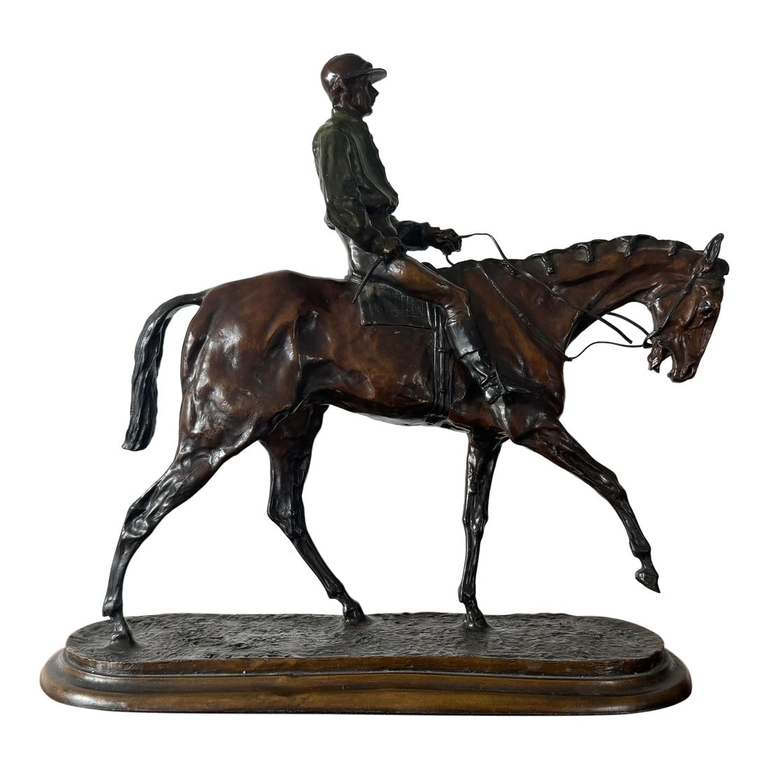 Horse and Jockey Patinated Bronze Sculpture After Pierre Jules Mene: This stunning early to mid 20th century casting realized in France after sculptor Pierre-Jules MÃªne (1810-1879) - "Vainqueur Du Derby" Bronze Sculpture The beautifully patinated equestrian